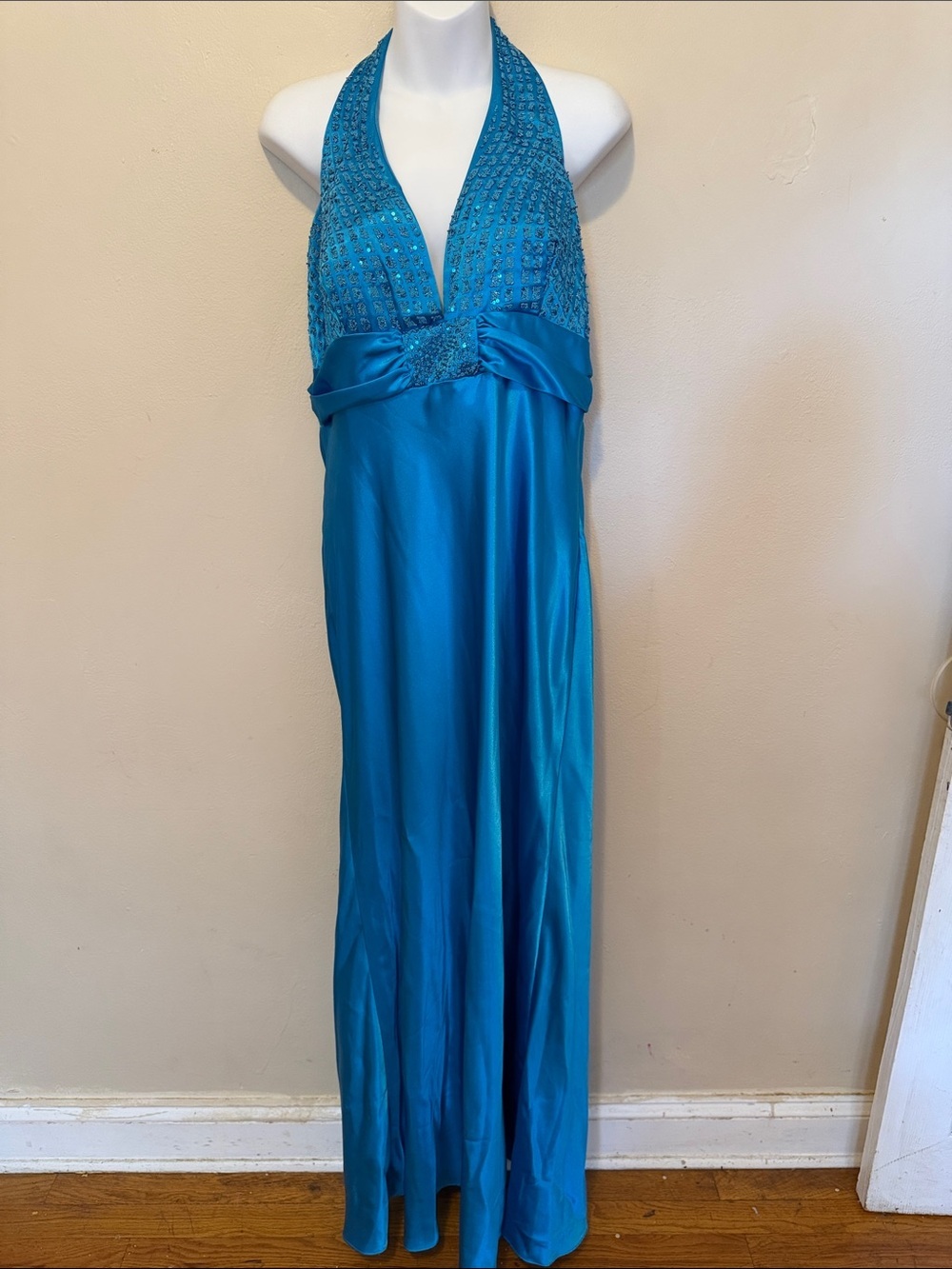 Teal Halter Evening Gown with Beaded Bodice
